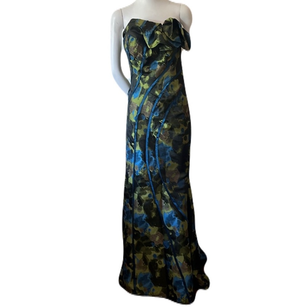 Jovani Strapless Maxi Gown in Blue and Olive Green Floral